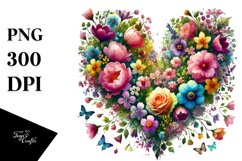 Colorful Heart made of Flowers Watercolor PNG Product Image 1