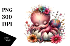 Digital Watercolor with Adorned Baby Octopus, Transparent Product Image 1