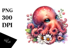 Digital Watercolor Adorned Baby Octopus PNG Product Image 1