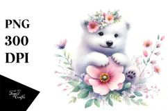 Whimsical Baby Polar Bear Painting, Spring Flower PNG Product Image 1