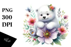 Whimsical Baby Polar Bear Painting, Spring Flower PNG Product Image 1