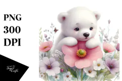 Whimsical Baby Polar Bear Painting, Spring Flower PNG Product Image 1