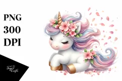 Baby Unicorn Tumbling with Spring Petals | Clipart Product Image 1