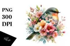 Watercolor Bird with Spring Flowers PNG Product Image 1