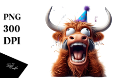 Highland Cow with Party Hat, Expressive Pose PNG Product Image 1