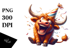 Highland Cow with Party Hat, Expressive Pose PNG Product Image 1
