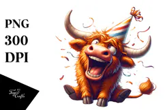 Highland Cow with Party Hat, Expressive Pose PNG Product Image 1