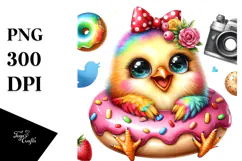 Vibrant Baby Chicken, Wearing Donut PNG Product Image 1