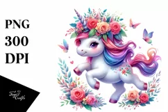 cute Unicorn Running with Floral Wreath PNG Product Image 3