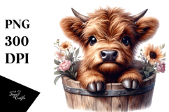 Cute Baby Highland Cow in Wood Bucket, Transparent PNG Product Image 1
