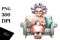 Old Lady Watercolor with Couch and Mug | Sublimation | Product Image 1