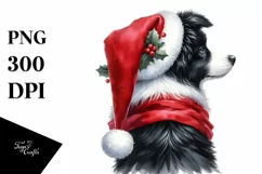 Border Collie with Santa Hat Watercolor Christmas PNG Product Image 1