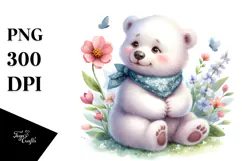 Whimsical Baby Polar Bear Painting, Spring Flower PNG Product Image 1