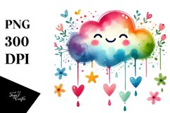 Simple Smiling Watercolor Cloud with Hearts PNG Product Image 1