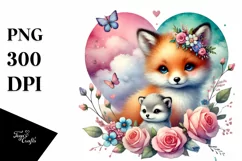 Baby Fox with Heart Watercolor PNG Product Image 1