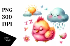 Baby Chicken Sleeping in Watercolor, PNG Product Image 1