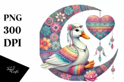 Colorful Cute Bohho Duck Heart Sitting on Half Moon, PNG Product Image 1