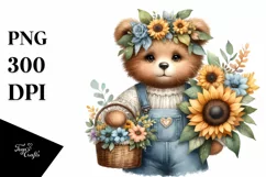Detailed Boho Cute Baby Bear Sunflower Clipart Product Image 1