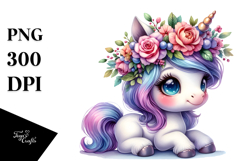 Cute Baby Unicorn with Floral Wreath,Watercolor PNG Product Image 1