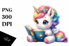 Cute Baby Unicorn Reading Watercolor Clipart Product Image 3