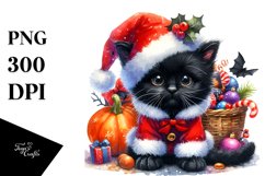 Cute Baby Black Cat Christmas Costume Watercolor Clipart Product Image 1