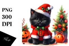 Cute Baby Black Cat Christmas Costume Watercolor Clipart Product Image 3