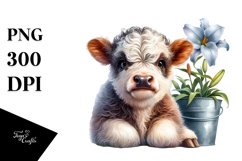 Smiling Highland Cow with Lily, PNG Product Image 1