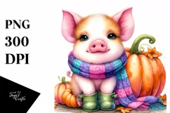Cute Baby Pig with Pumpkin Watercolor Clipart Product Image 1