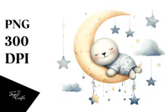 Sleeping Cute Baby Seal on Moon | Clipart Product Image 1
