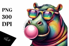 Colorful Hippo Sunglasses Chewing Gum Watercolor Clipart Product Image 1