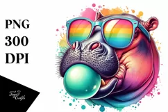 Colorful Hippo Sunglasses Chewing Gum Watercolor Clipart Product Image 3