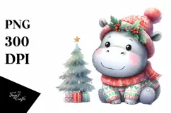 Cute Baby Hippo with Christmass Tree PNG Product Image 1