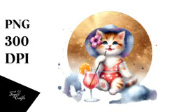 Happy Kitten in Beachwear Drinking Cocktail PNG Product Image 1