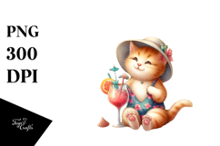 Happy Kitten in Beachwear Drinking Cocktail PNG Product Image 1