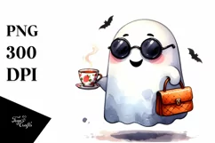 Cute Ghost with Sunglasses and Purse Holding Tea PNG Product Image 1