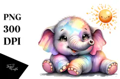 Colorful Baby Elephant with Sun, PNG Product Image 1