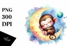 Colorful Baby Monkey on Moon | Sublimation | Clipart Product Image 1