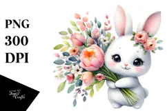 Happy Baby Rabbit with Flower Bouquet | Clipart Product Image 1