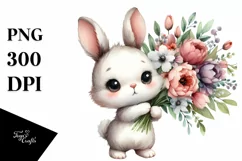 Happy Baby Rabbit with Flower Bouquet | Clipart Product Image 1