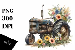 Vintage Dirty Tractor with Flowers Clipart Product Image 3