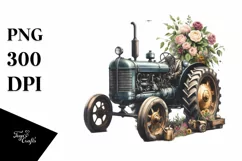 Vintage Dirty Tractor with Flowers Clipart Product Image 1