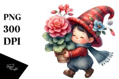 Watercolor Baby Gnome with Begonia, PNG Product Image 1
