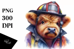Colorful Baby Highland Cow in Firefighter's Helmet PNG Product Image 1
