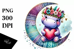 Colorful Bunny Heart Sitting on Half Moon, PNG Product Image 1