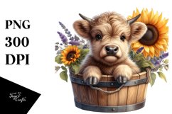 Cute Baby Highland Cow in Wood Bucket PNG Product Image 1