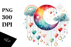 Simple Watercolor Moon with Hearts PNG Product Image 1