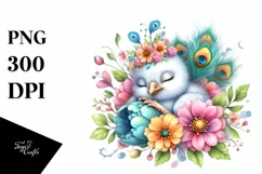 Colorful Watercolor Cute Baby Peacock Sleeping in a Flower Product Image 1