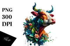 Abstract Vibrant Watercolor Cow with Plant Leaves and 3D Product Image 1