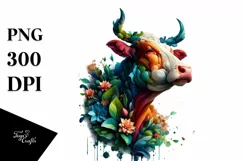 Abstract Vibrant Watercolor Cow with Plant Leaves and 3D Product Image 1