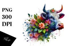 Abstract Vibrant Watercolor Cow with Plant Leaves and 3D Product Image 3